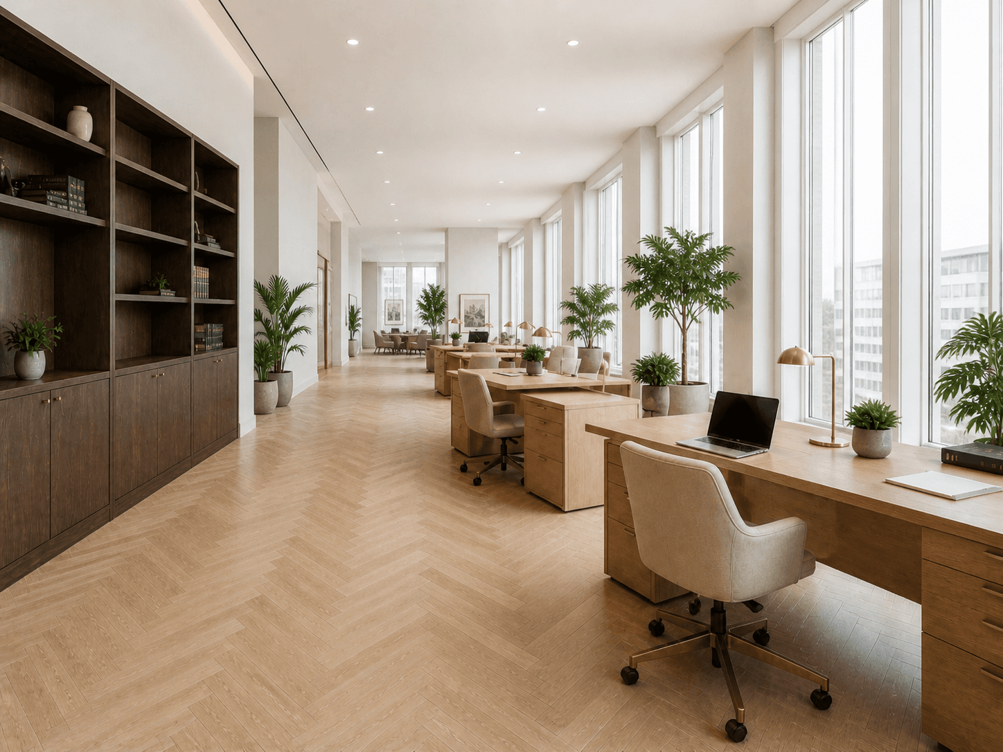 Open-plan legal workspace with individual drafting desks